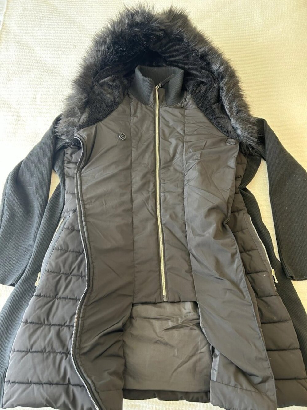 Calvin Klein Women Performance Black Coat Faux Fur 1X Repel Bomber Hooded Jacket